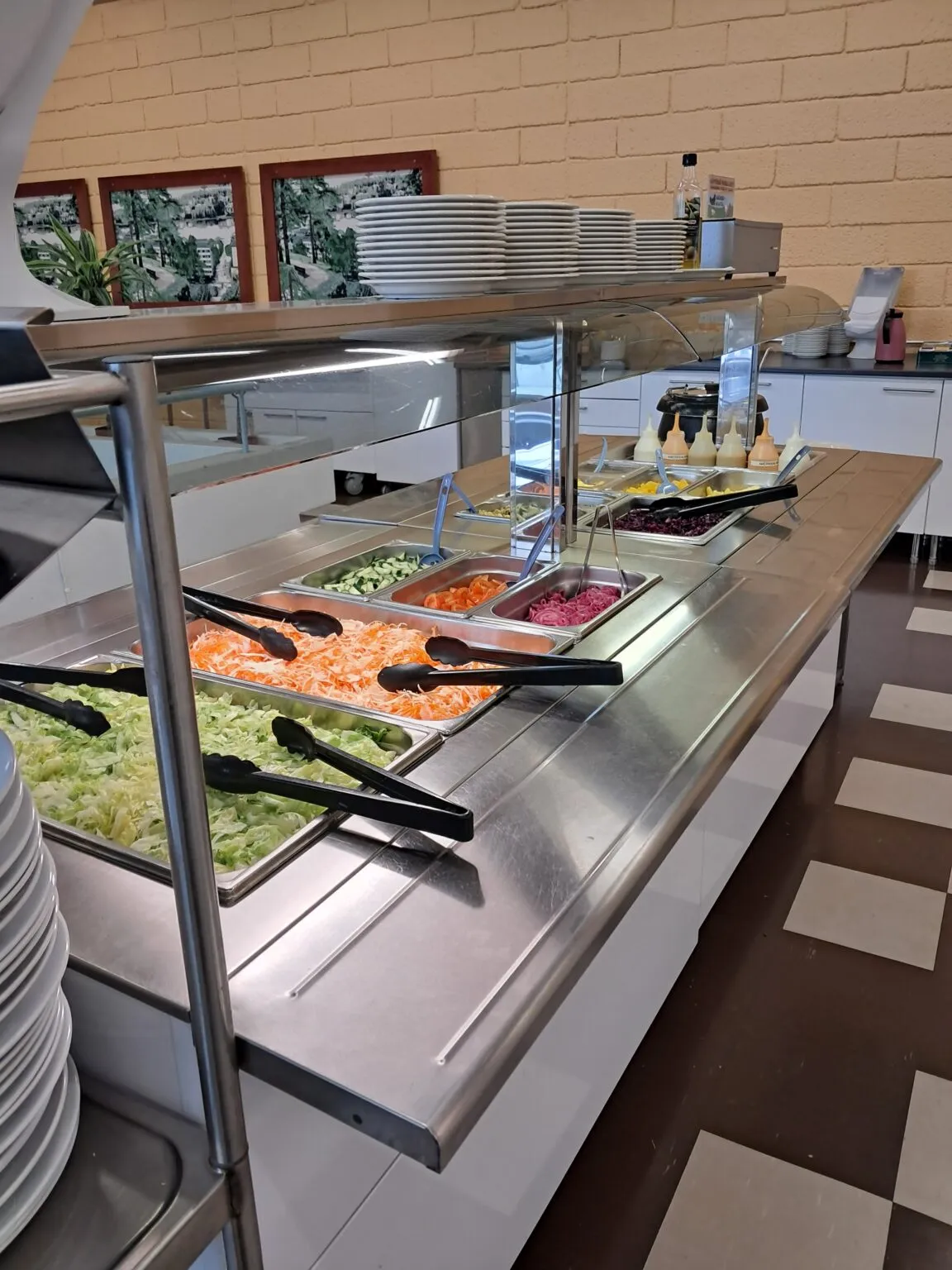 Stainless-steel self-serve salad bar in a cafeteria with trays of chopped lettuce, shredded carrots, cucumber, pickled onions and other toppings, black serving tongs, stacked plates and squeeze-bottle dressings.